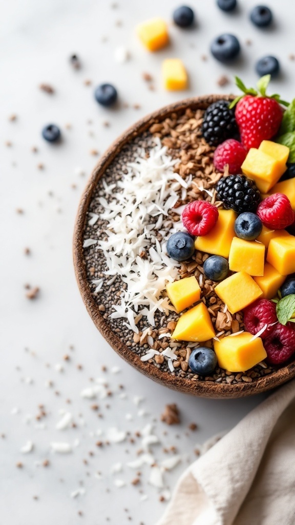 Coconut Chia Bliss Bowl with fruits and toppings