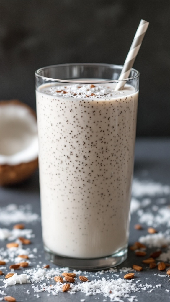 A creamy coconut chia seed smoothie in a glass with a straw