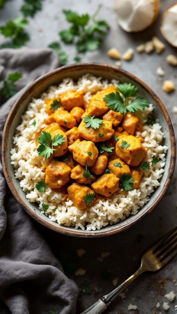 A bowl of coconut curry chicken served with cauliflower rice and garnished with cilantro.