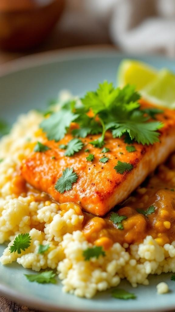 A plate of Coconut Curry Salmon served with cauliflower rice, garnished with cilantro and lime.