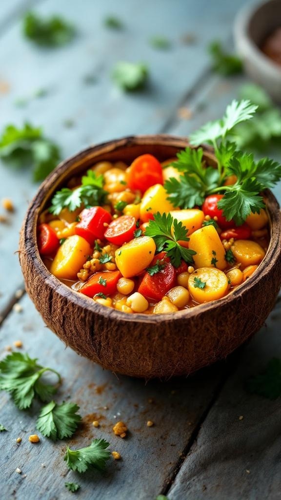 A colorful coconut curry vegetable bowl with various vegetables and garnished with cilantro