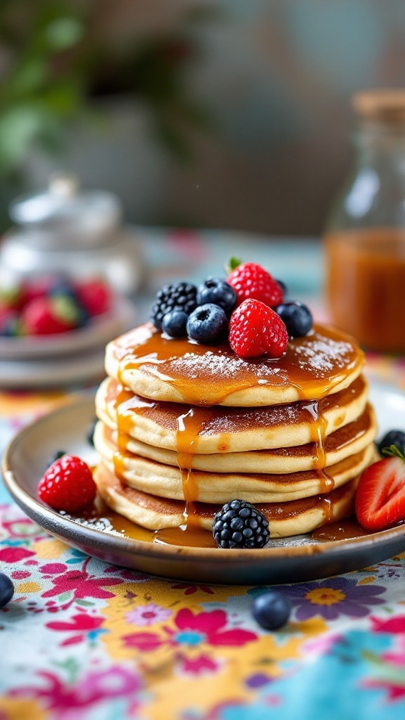 A stack of fluffy pancakes topped with fresh berries and syrup.