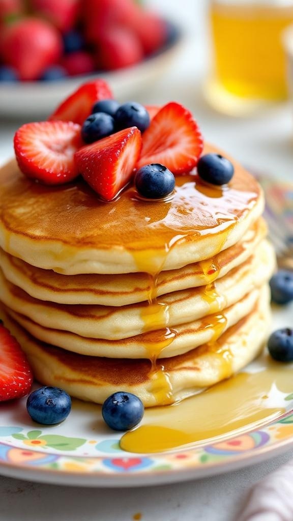 A stack of coconut flour pancakes topped with strawberries and blueberries, drizzled with syrup.