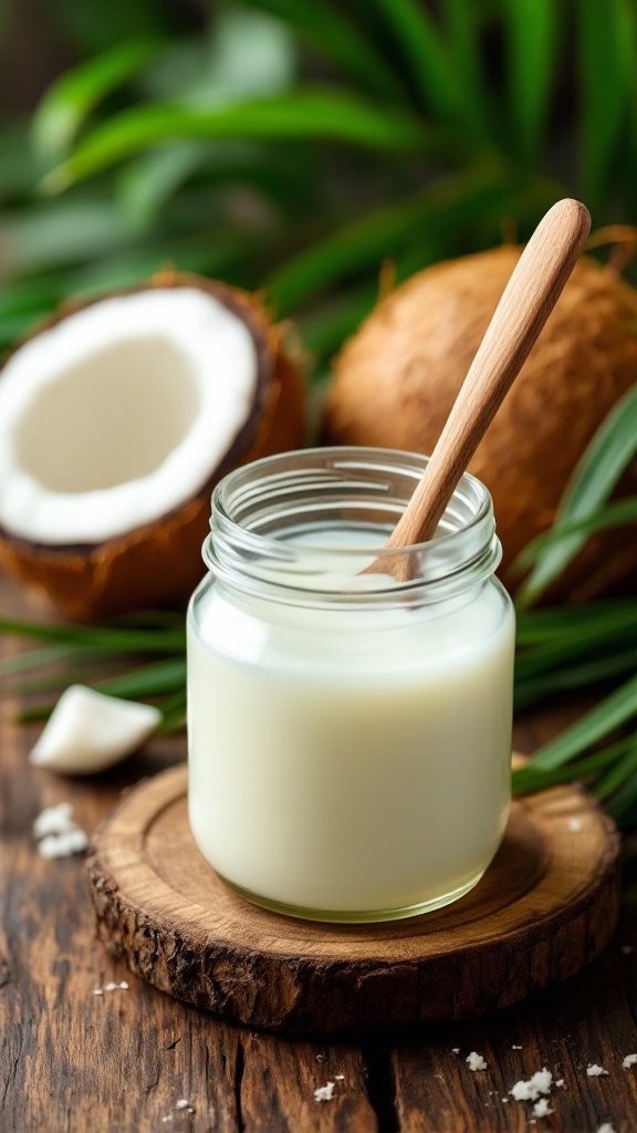 A jar of coconut oil with a wooden spoon, surrounded by coconuts and green leaves.