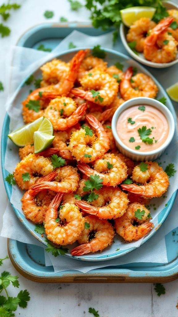 Crispy coconut shrimp served with sweet chili sauce and lime wedges