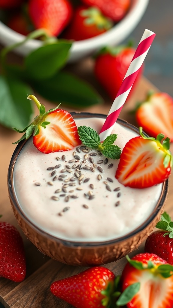 Coconut Strawberry Chia Smoothie in a coconut shell with chia seeds on top, surrounded by fresh strawberries.