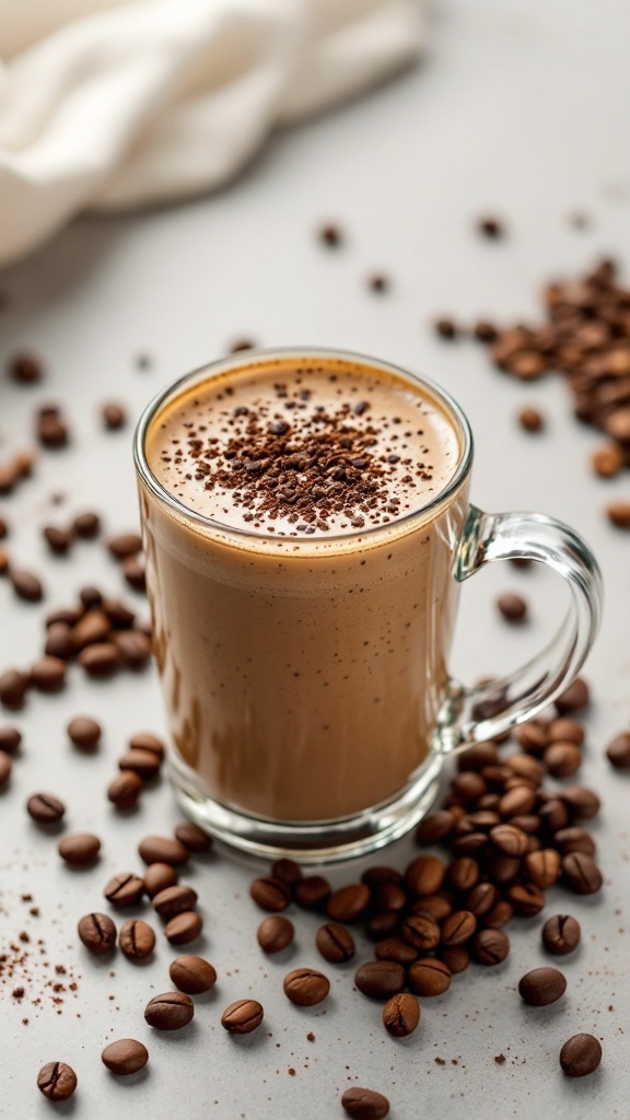 A delicious Coffee Keto Boost Smoothie in a glass, surrounded by coffee beans.