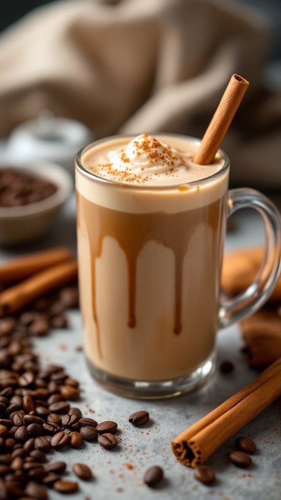 A coffee protein shake in a clear glass topped with whipped cream and a cinnamon stick, surrounded by coffee beans.