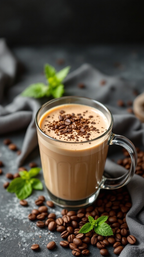 A glass of coffee protein smoothie topped with coffee beans and mint leaves.