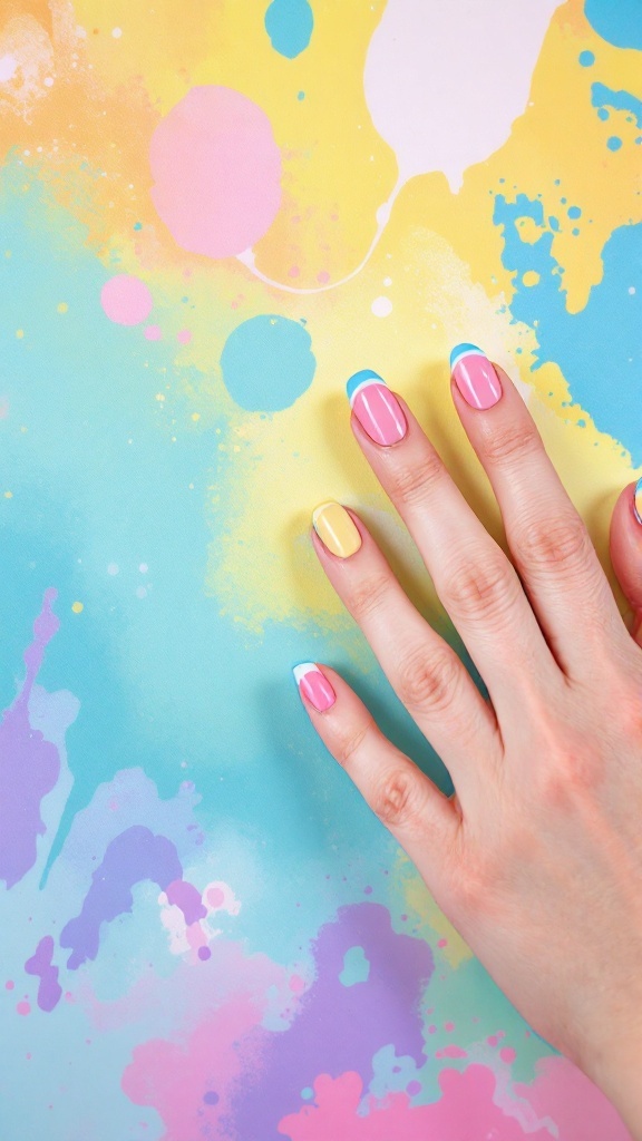 A hand with multi-colored French tip nails against a colorful splattered background.