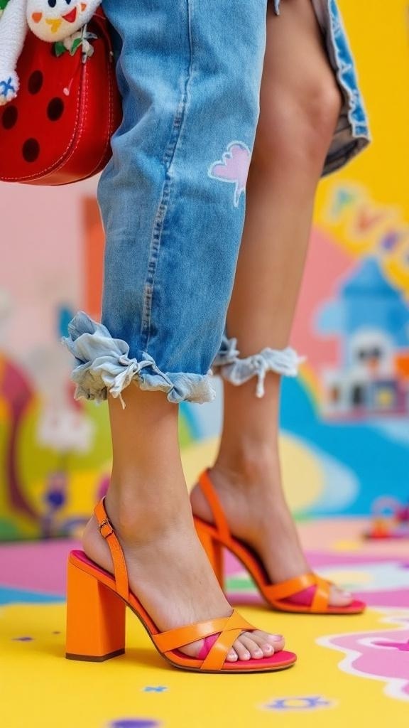 Colorful block heels paired with vibrant patterned pants against a bright background