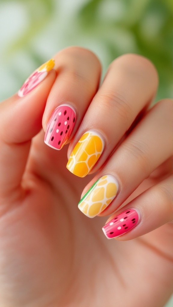 Nails painted with colorful fruit slice art featuring watermelon and pineapple designs