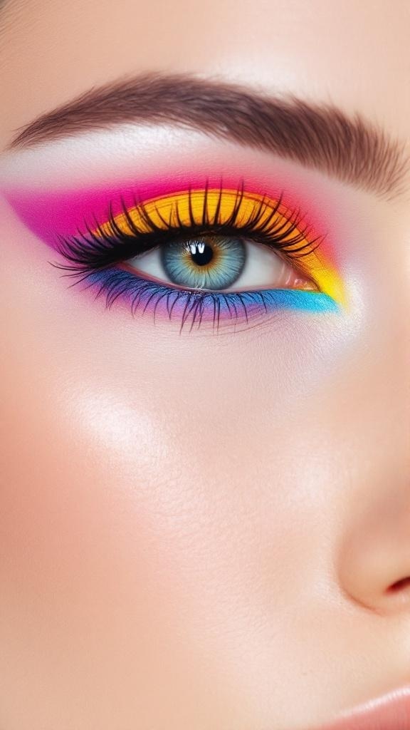 A close-up of an eye with colorful eyeliner on the lower lash line, featuring vibrant pink, yellow, and blue shades.