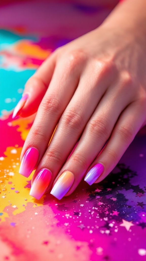 Colorful ombré French tip nails in shades of pink, purple, and orange