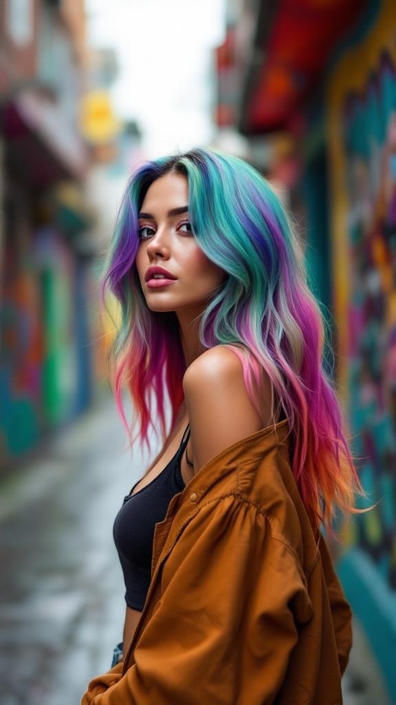 A woman with colorful ombre hair featuring shades of blue, pink, and purple, standing in a vibrant alley.