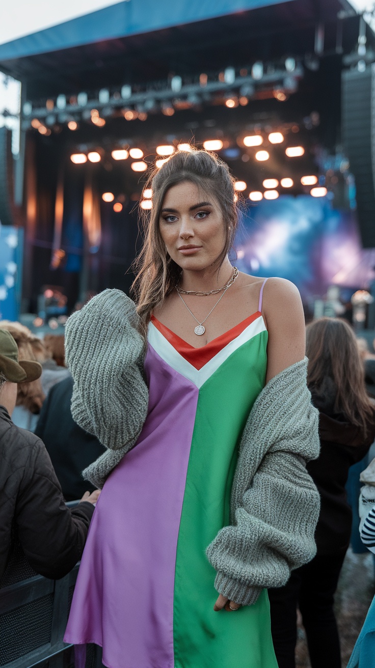 A model wearing a colorful slip dress paired with a chunky sweater, set against a pink background.