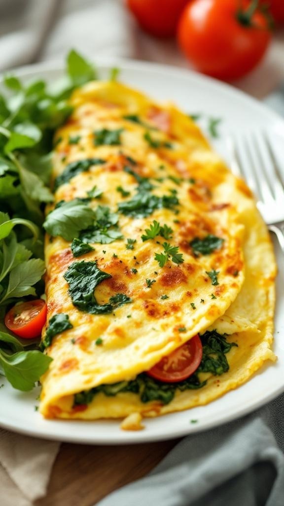 A colorful veggie omelette with spinach, tomatoes, and herbs served on a plate with a side of greens.