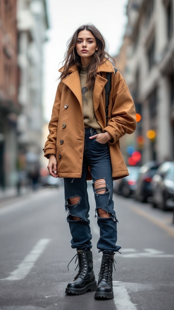 Model wearing a brown oversized coat, ripped jeans, and black combat boots on a city street.