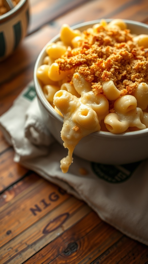 A bowl of creamy mac and cheese topped with breadcrumbs, served on a wooden table.