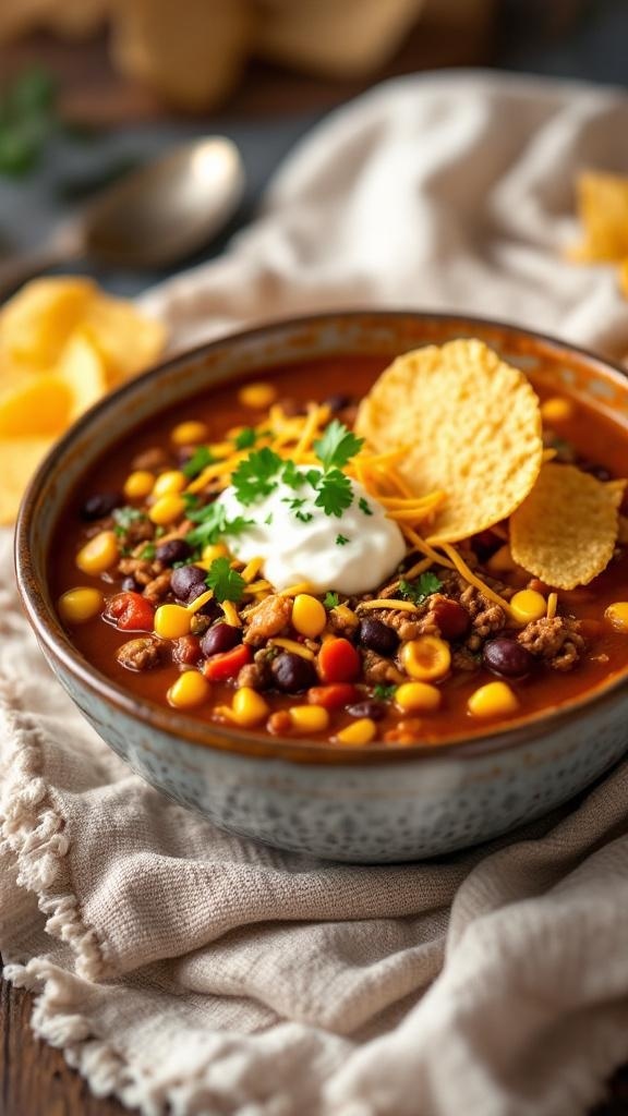 A bowl of taco soup topped with cheese, sour cream, and tortilla chips.