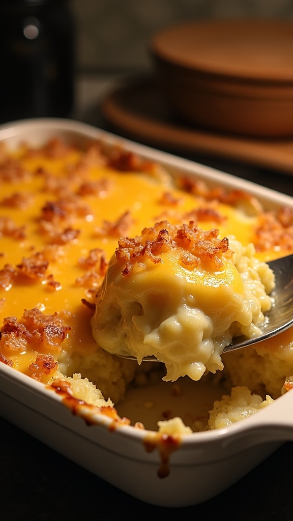A delicious potato casserole topped with melted cheese and bacon bits.