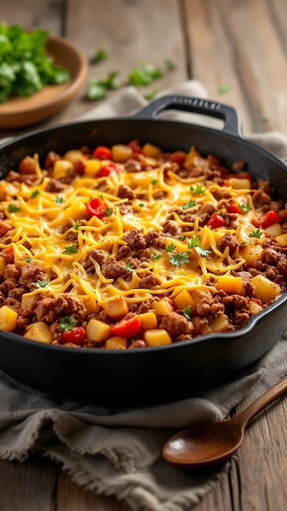 A delicious Beef and Potato Skillet with melted cheese on top, served in a cast iron pan.