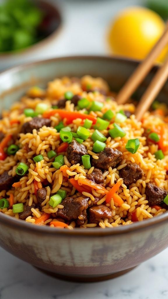 A bowl of beef fried rice with green onions and colorful vegetables.