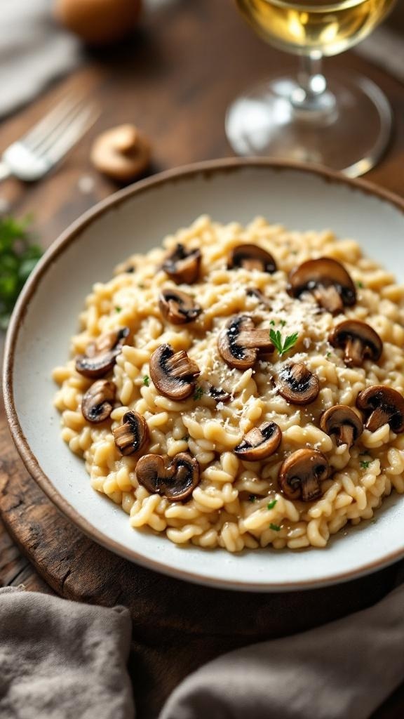 A bowl of creamy mushroom risotto topped with sliced mushrooms and parsley, served with a glass of white wine.