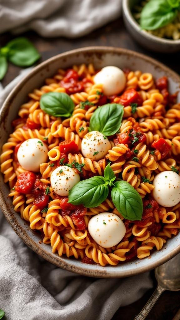 A bowl of One-Pot Tomato Basil Pasta with mozzarella balls and fresh basil leaves.