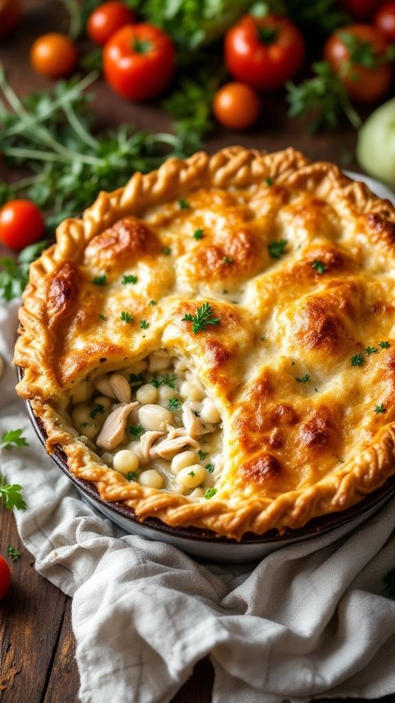 A delicious homemade shredded chicken pot pie with a golden crust and filled with chicken and vegetables.