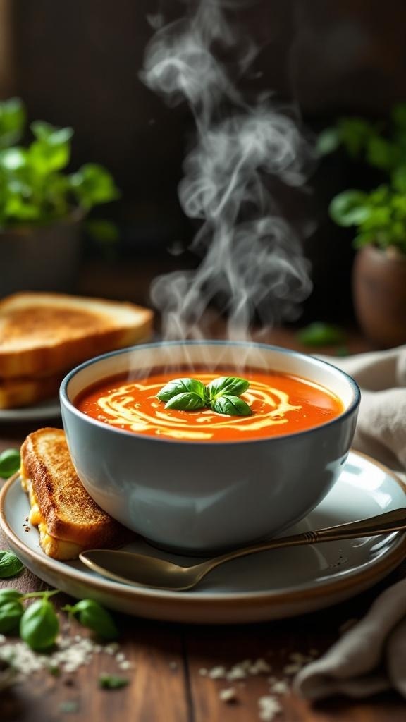 A bowl of creamy tomato soup with steam rising, accompanied by a grilled cheese sandwich.