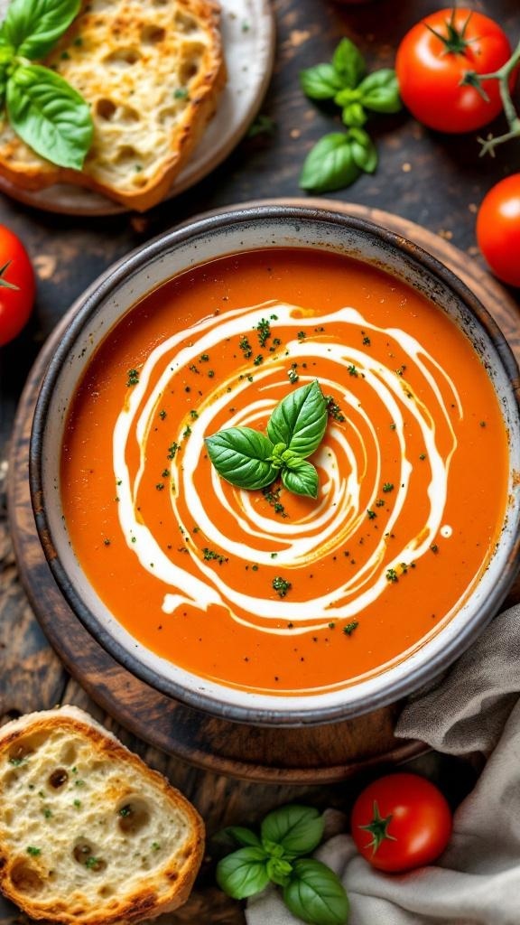 A bowl of creamy tomato basil soup garnished with basil leaves, surrounded by fresh tomatoes and bread.