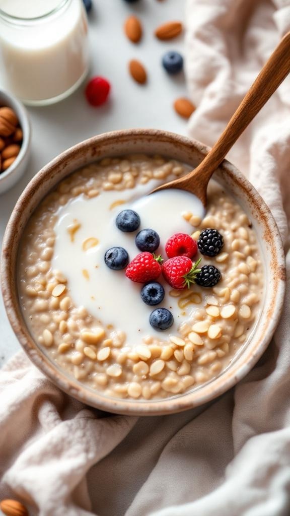 A bowl of vegan cream of wheat topped with fresh berries and nuts.