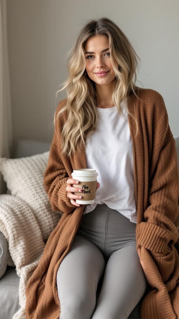 A woman wearing a brown cardigan over a white t-shirt, holding a coffee cup, sitting on a couch.