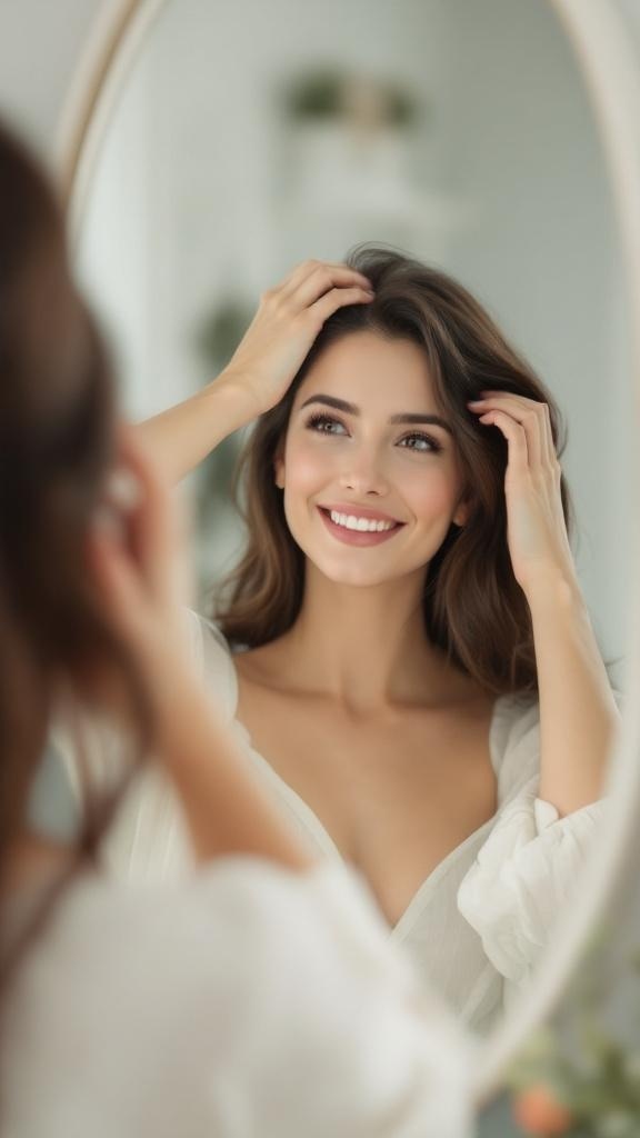 A woman smiling at her reflection in a mirror, radiating confidence.