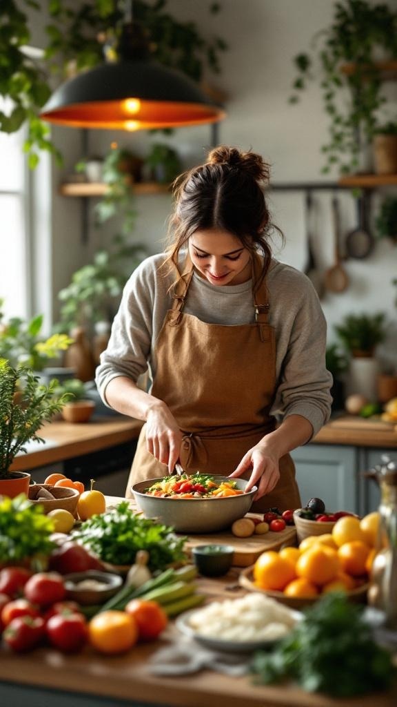 A person cooking in a cozy kitchen filled with fresh vegetables and ingredients.