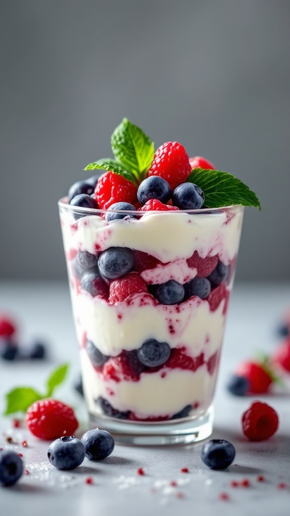 Cottage cheese and berry parfait with fresh mint garnish