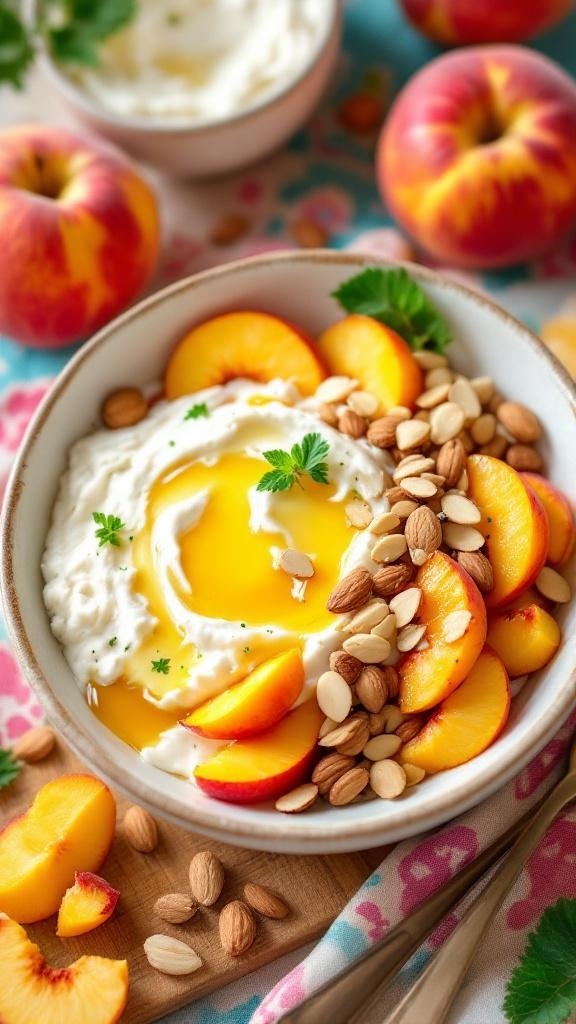 A delicious cottage cheese bowl topped with sliced peaches, almonds, and mint leaves.