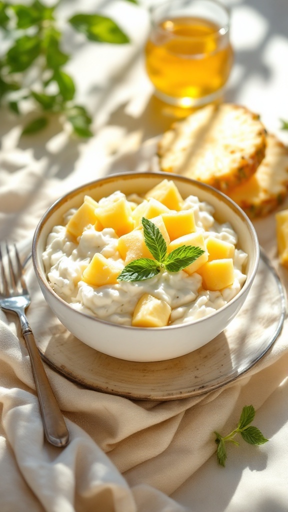 A bowl of cottage cheese topped with pineapple and mint.