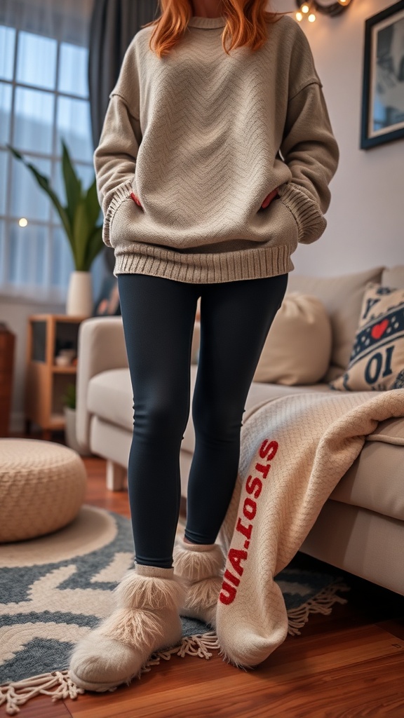 Cozy feet in fluffy slippers on a blanket with a dog in the background