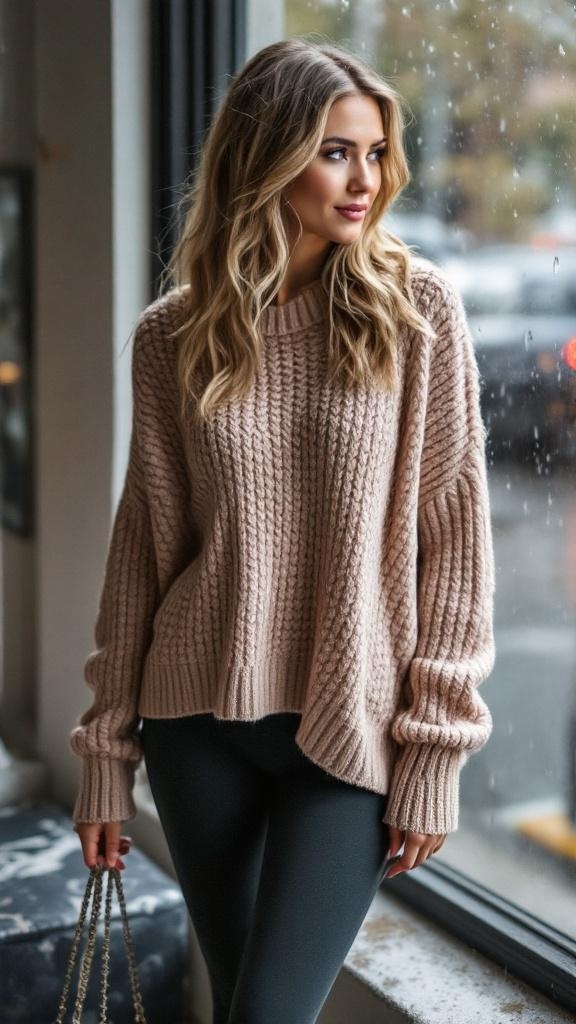 A woman with long hair wearing a cozy gray knit sweater and leggings, looking out a rainy window.