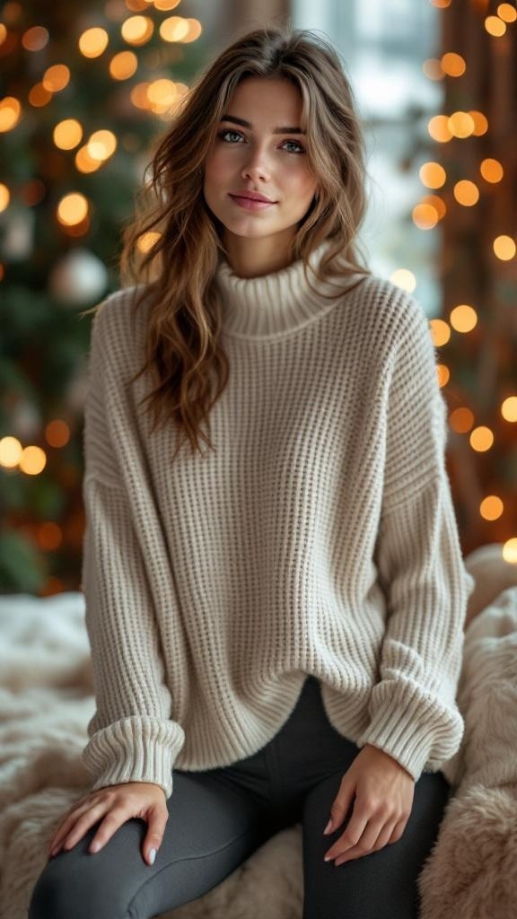 A woman wearing a cozy knit sweater and leggings, with festive lights in the background.
