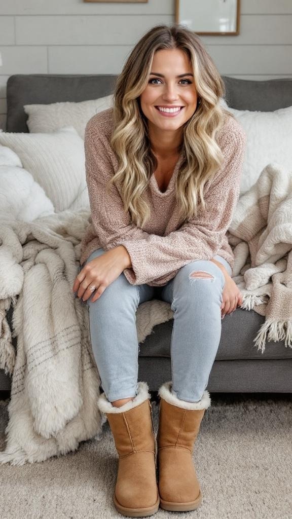 A pair of legs in jeans wearing Ugg boots, surrounded by soft blankets.