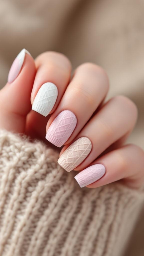 Nail design featuring cozy sweater textures in soft pink and textured cream color.
