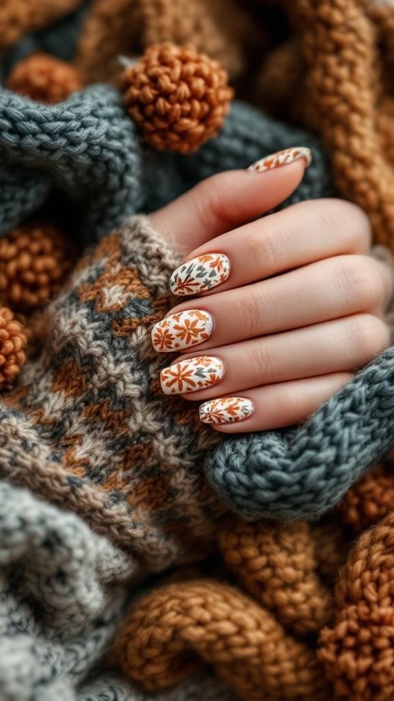 A hand with winter-themed nail art featuring snowflakes and floral designs, resting on a cozy knitted sweater.
