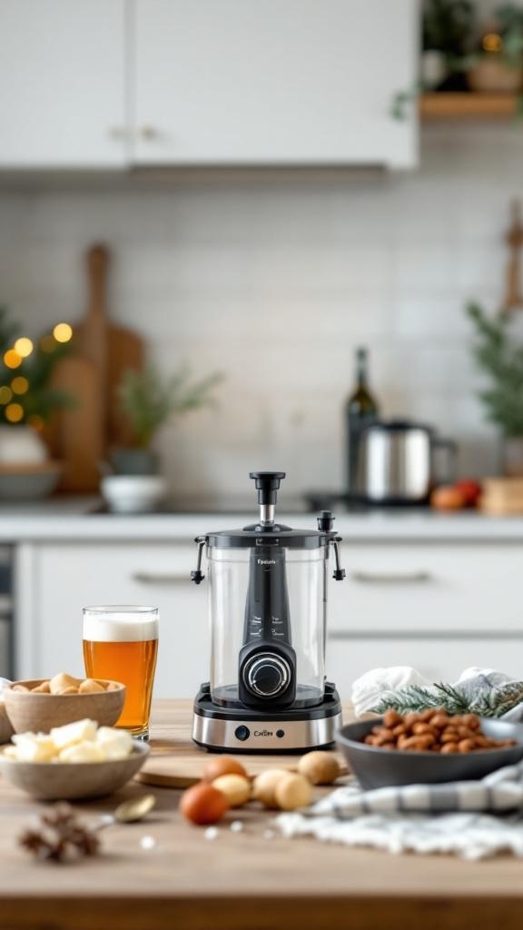 A craft beer brewing kit displayed in a kitchen with snacks and a glass of beer.