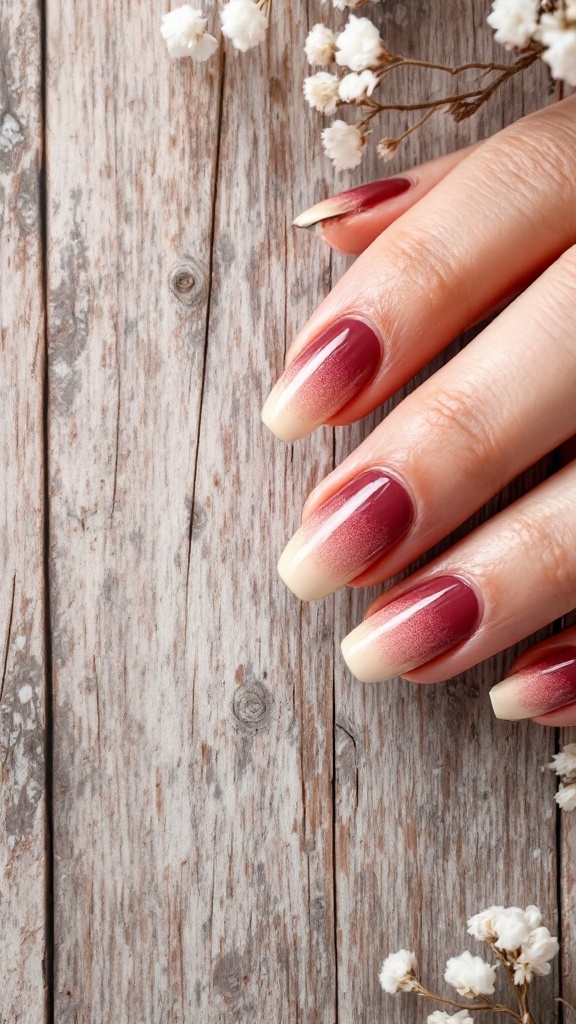 Cranberry and cream ombre nails with a floral accent on a wooden surface.