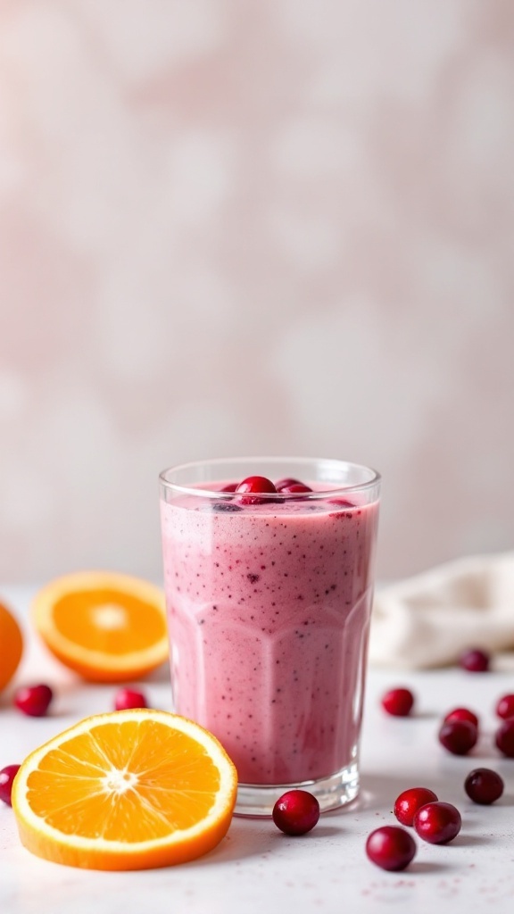Cranberry and orange smoothie in a glass with fresh cranberries and orange slices