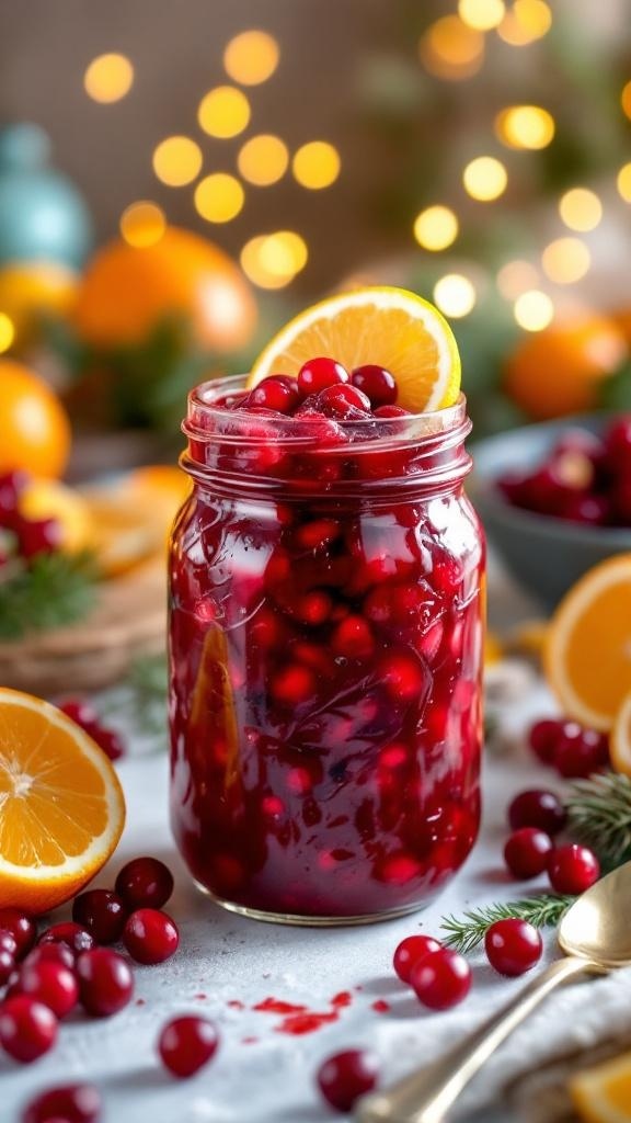A jar of cranberry sauce with orange slices and cranberries around it, set against a festive background.
