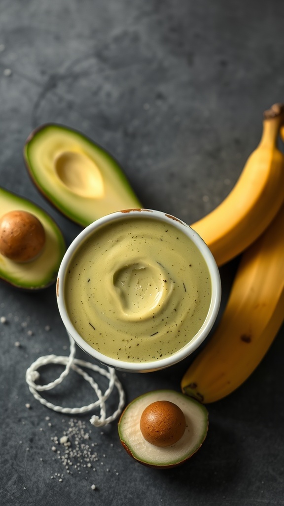 A creamy avocado and banana smoothie in a bowl, surrounded by fresh avocados and bananas.